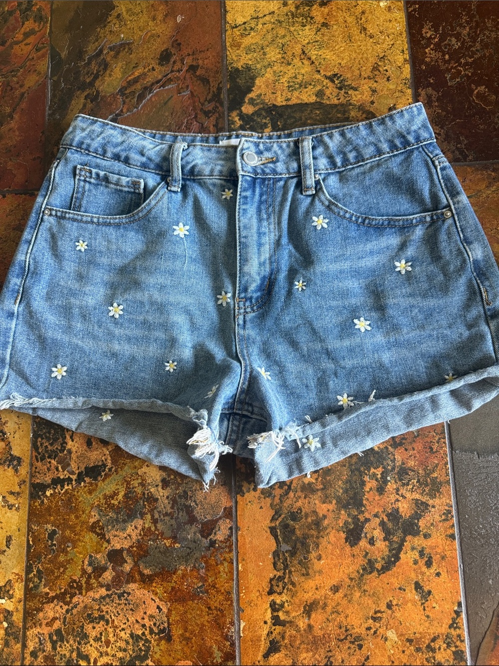 Embroidered Daisy Denim Shorts - Light Blue (769)